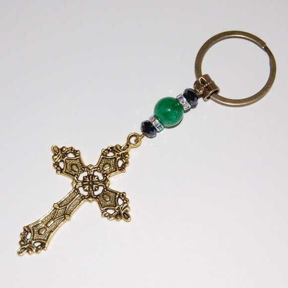 Cross Keychain,Cross Jade Stone Bead Keychain,Prayer Keychain - Picture 2 of 2
